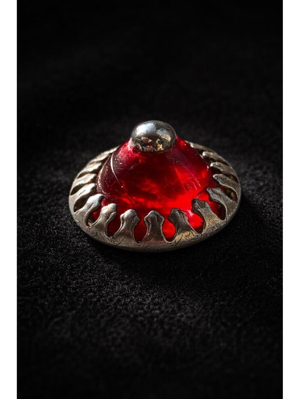 Antique Glass In Metal Button W/Ornate Domed Metal & Facet Red Glass Center